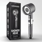 Covaso filtered shower head standing next to retail packaging box