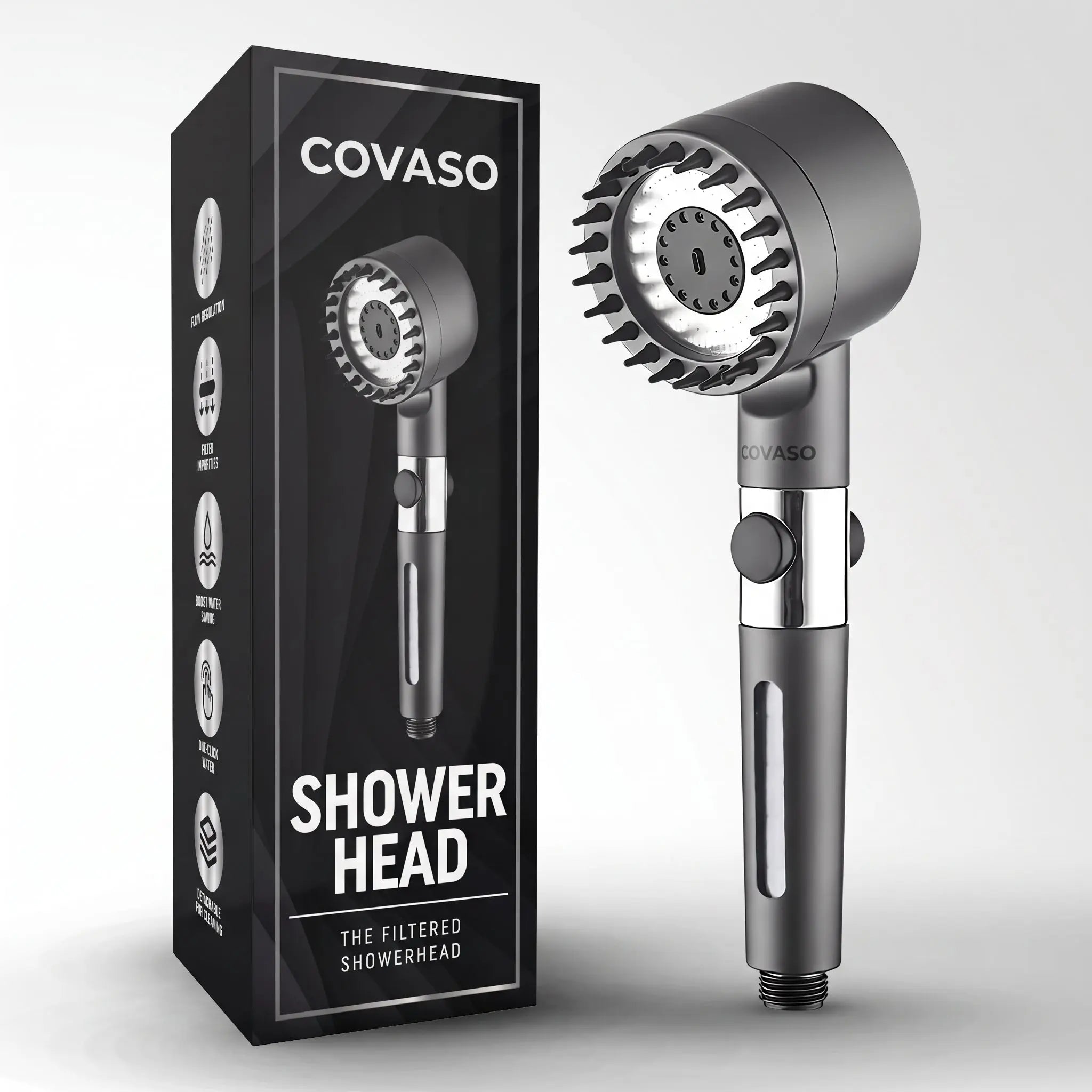 Covaso filtered shower head standing next to retail packaging box